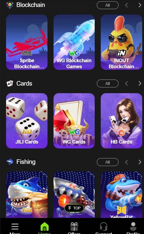 Home screen of win786 Game - showing all the games and categories.